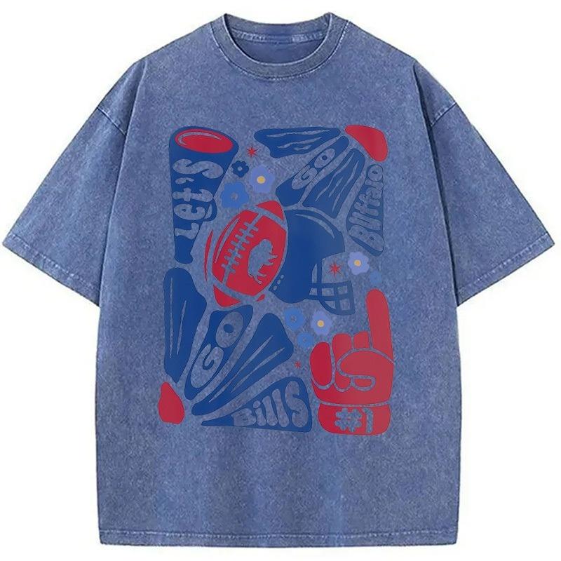 Vintage Cotton Washed Acid T-Shirt Let's Go Bills Printed Dropped Shoulder Tops Holiday Heavyweight Men Clothings