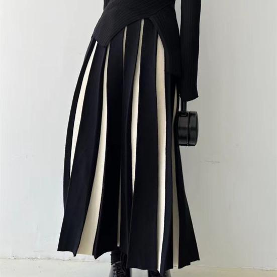 Women Midi Skirt High Waist Patchwork Color Pleated Skirt Autumn