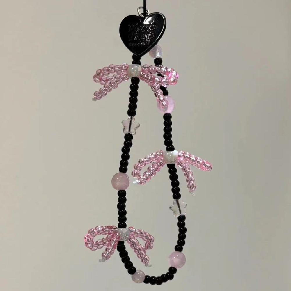 

Sweet Pink Bowknot Black Heart Phone Chain Pendant Charm Strap Bead Cord Keychain For iPhone Bag Girl Hanging Rope Jewelry