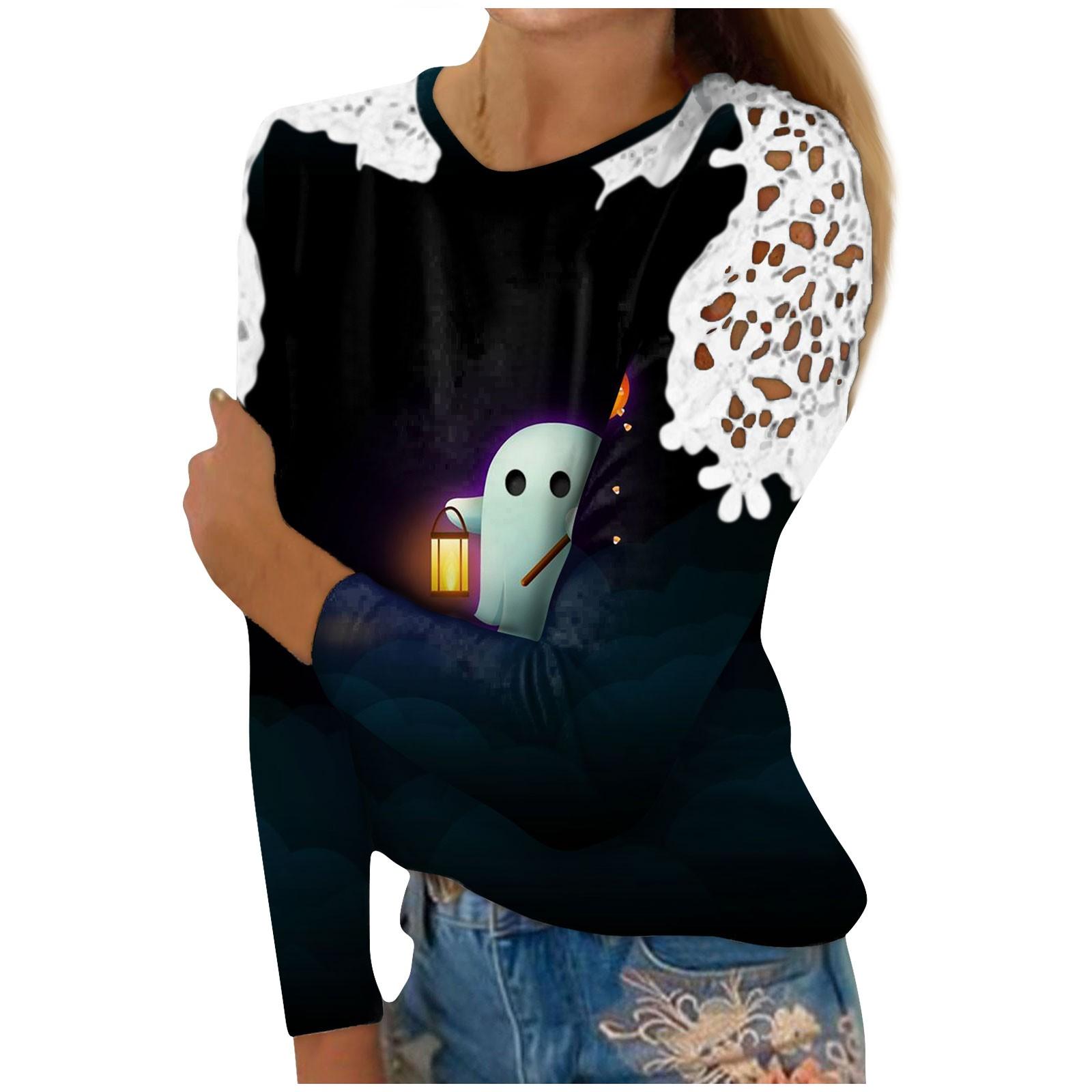 

Женская модная футболка с круглым вырезом и длинным рукавом с принтом на Хэллоуин L чёрный