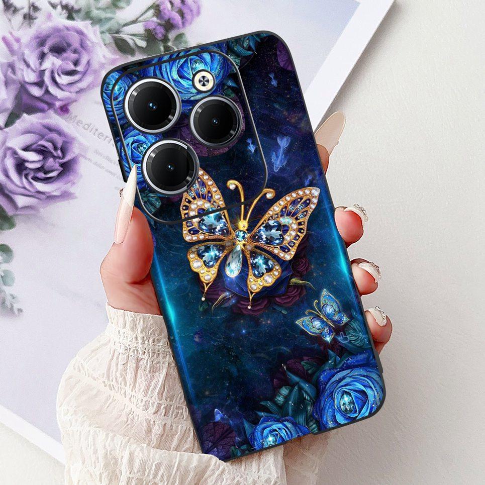 Cover For Tecno Spark 20 Pro Plus Back Bumper Spark 20Pro 20C Colorful Butterfly Flower Painting Phone Case Black Soft Silicone