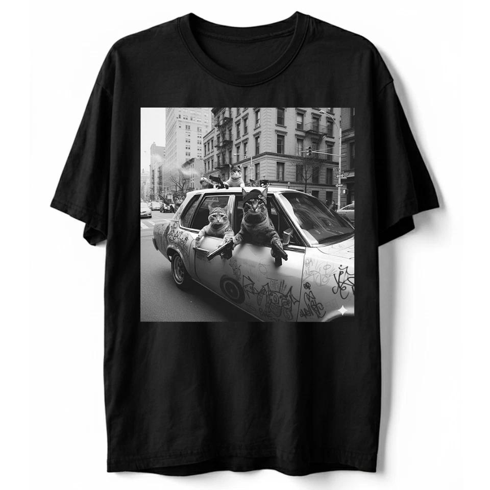 Street Cats Black White Photography Urban Art Vintage T-Shirt, Novelty Retro Tee