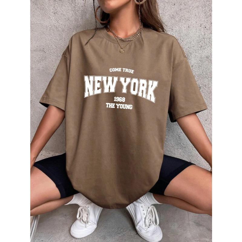 Summer Round Neck "NEW YORK 1968 THE YOUNG" Letter Printed Top Fashionable Casual Pure Cotton Short Sleeved Women's T-shirts