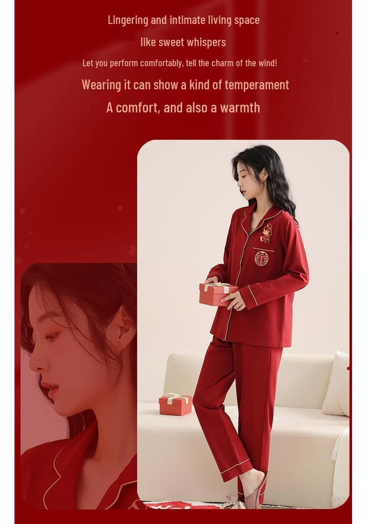 Red Pajamas for Couples - Spring/Autumn 2025 Pure Cotton High-Grade Dowry Festive Homewear for Newlyweds