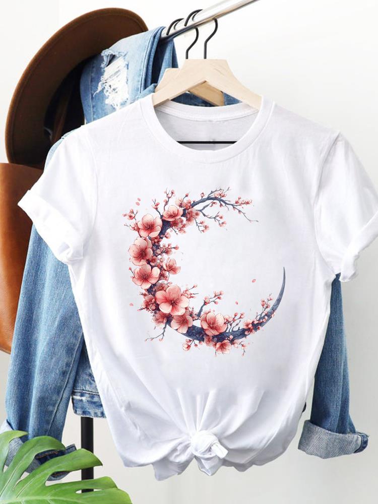 (Asian Size) Trend Flower Lovely Clothing Women Fashion Print Short Sleeve Tee Top Female T Shirt Woman Graphic T-shirts