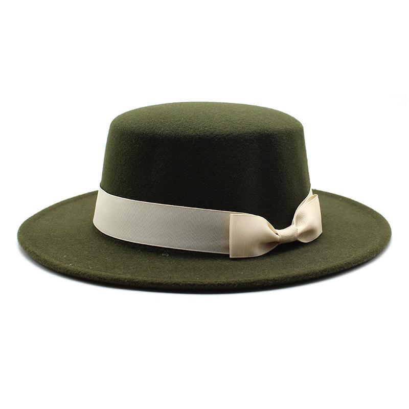 New style autumn and winter men's and women's flat-brimmed hats, fashion bows, flat-topped top hats, men's and women's woolen jazz hats
