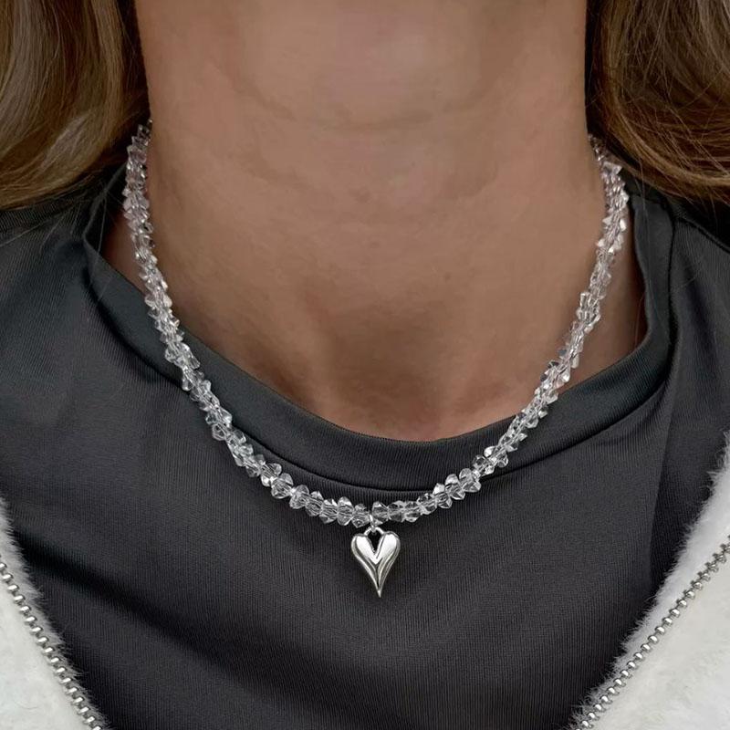 Fashion Crystal Heart Pendant Necklace For Women Boho Barlotte Imitation Pearl Chain Jewelry Valentine's Gift N526