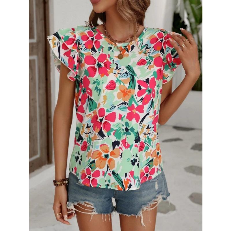 Dámská móda Ležérní Léto Jaro Květinový potisk Blůzy a košile s krátkým rukávem do O