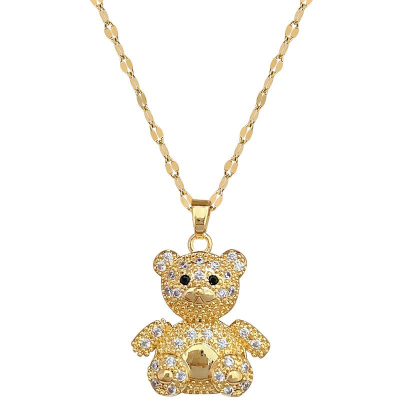 Full Diamond Three-Dimensional Bear Light Luxury Temperament Gorgeous Full Diamond Necklace Female Versatile Collarbone Chain Titanium Steel Chain