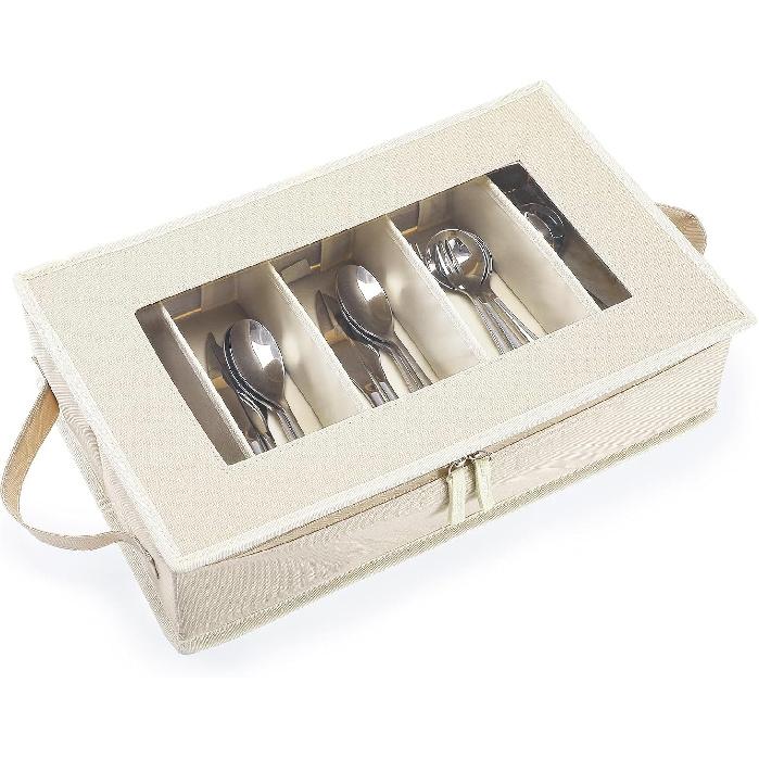 Flatware Utensil Storage Case, Beige Large Capacity Silverware Storage Box Chest with Adjustable Dividers, Removable Cutlery Storage Holder with