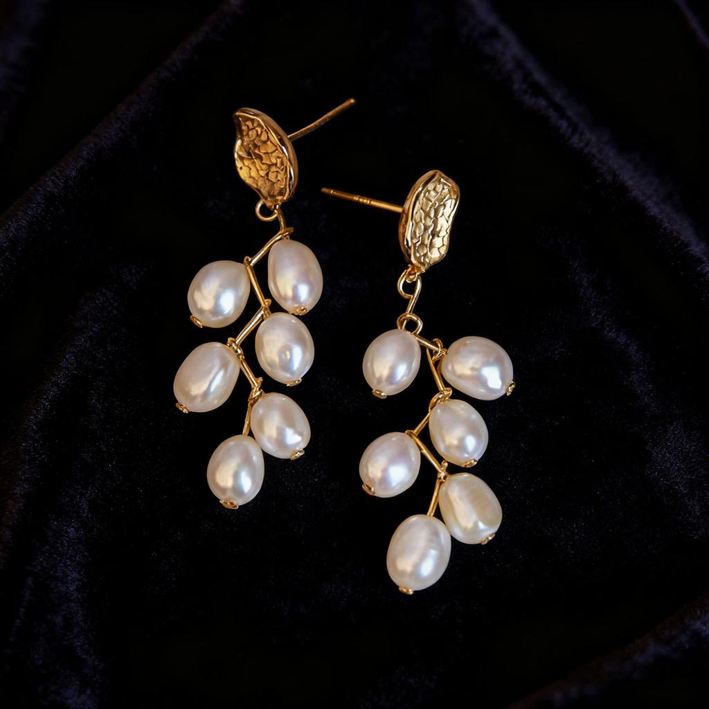 Natural Freshwater Baroque Pearl Pendant Earrings Multi-grain Inlaid Wheat Ears S911 Silver Needle Versatile Light Luxury Earrings