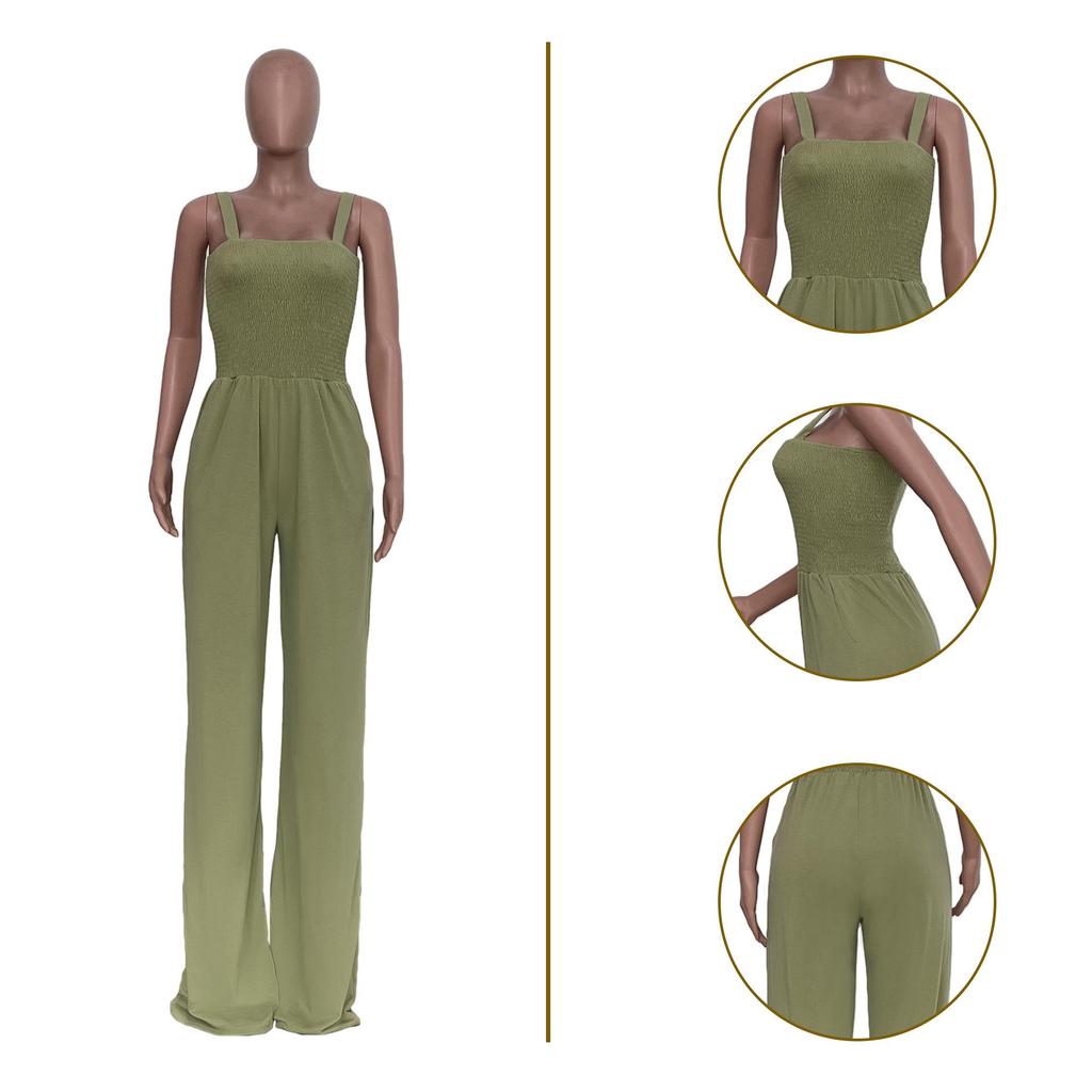 European & American Women's Solid Color Wide-Leg Suspender Jumpsuit