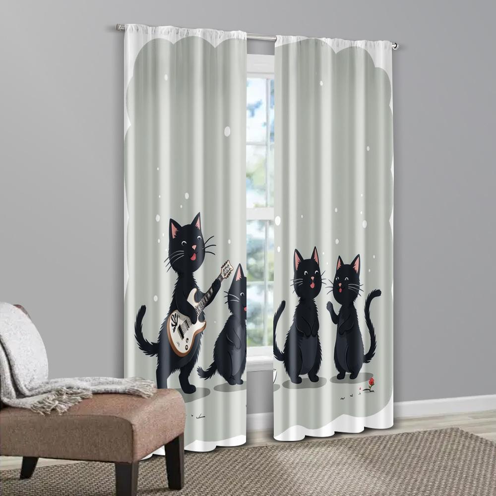 2pcs, Light Filtering Curtains Black Cat & Jungle Flowers Versatile Fabric (without Rod) Decorations Outdoor Ldeal for Room,