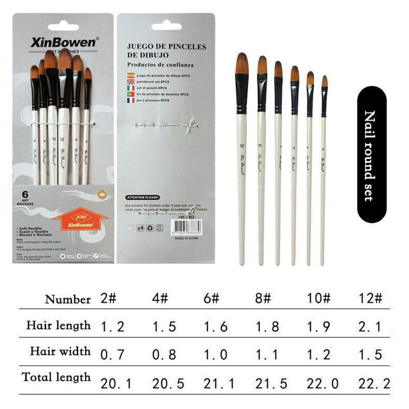 JOWOART Two-tone Nylon Hair Brush Pearl White Wood Pole for Oil Paint for Hair Watercolor Brush for Beginners 6 Pcs/set Art Paint Brush