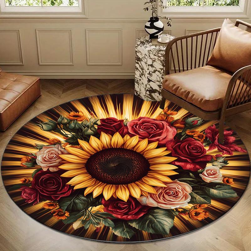 Sunflower and Roses Printed Round Area Rug - Polyester Non-Slip Chair Mat for Living Room, Bedroom, Home Decor - Floral Blooming Pattern, Wa