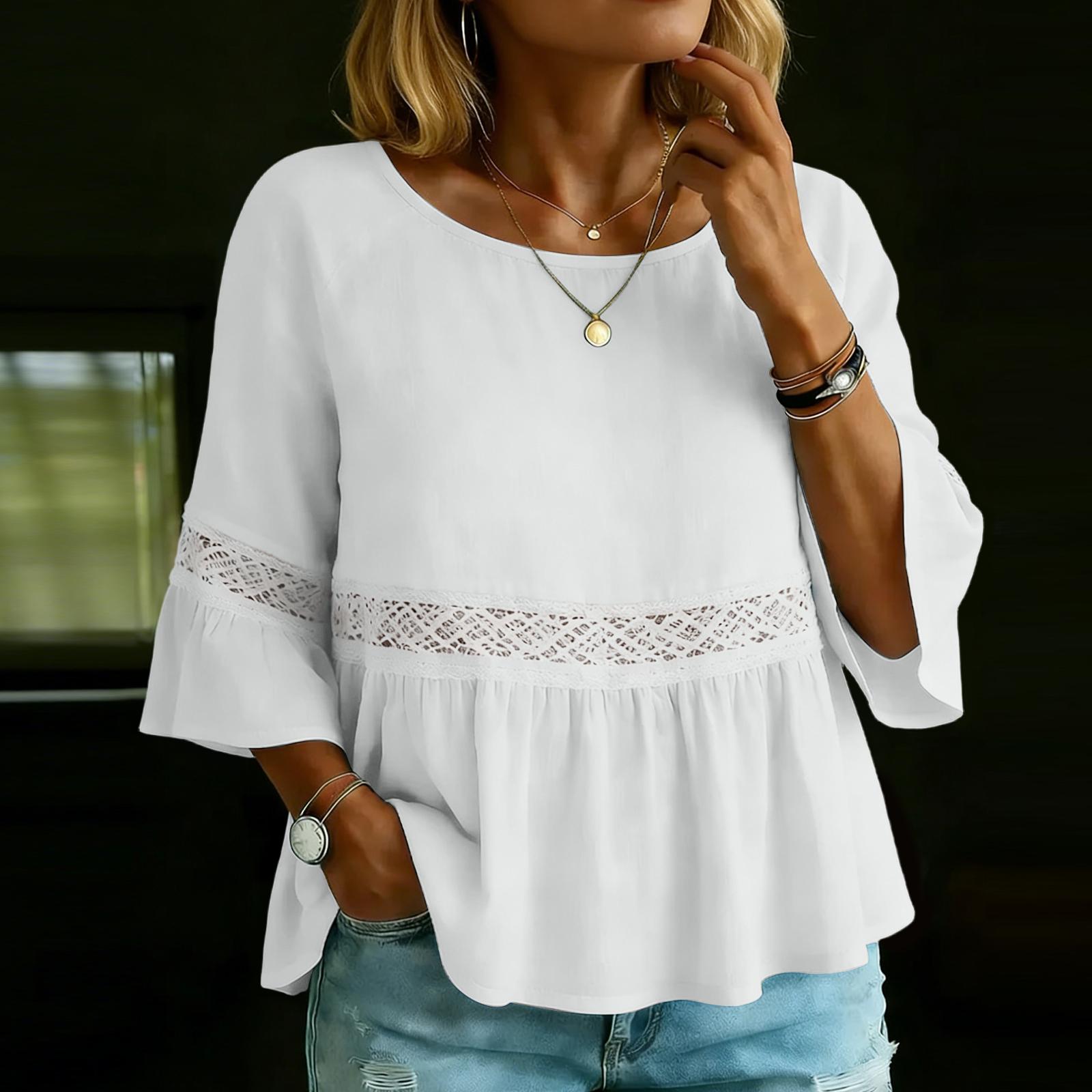 

Women s Color Casual Fashion Loose Cotton Linen Lace Splicing Round Neck Shirt Top XXL білий