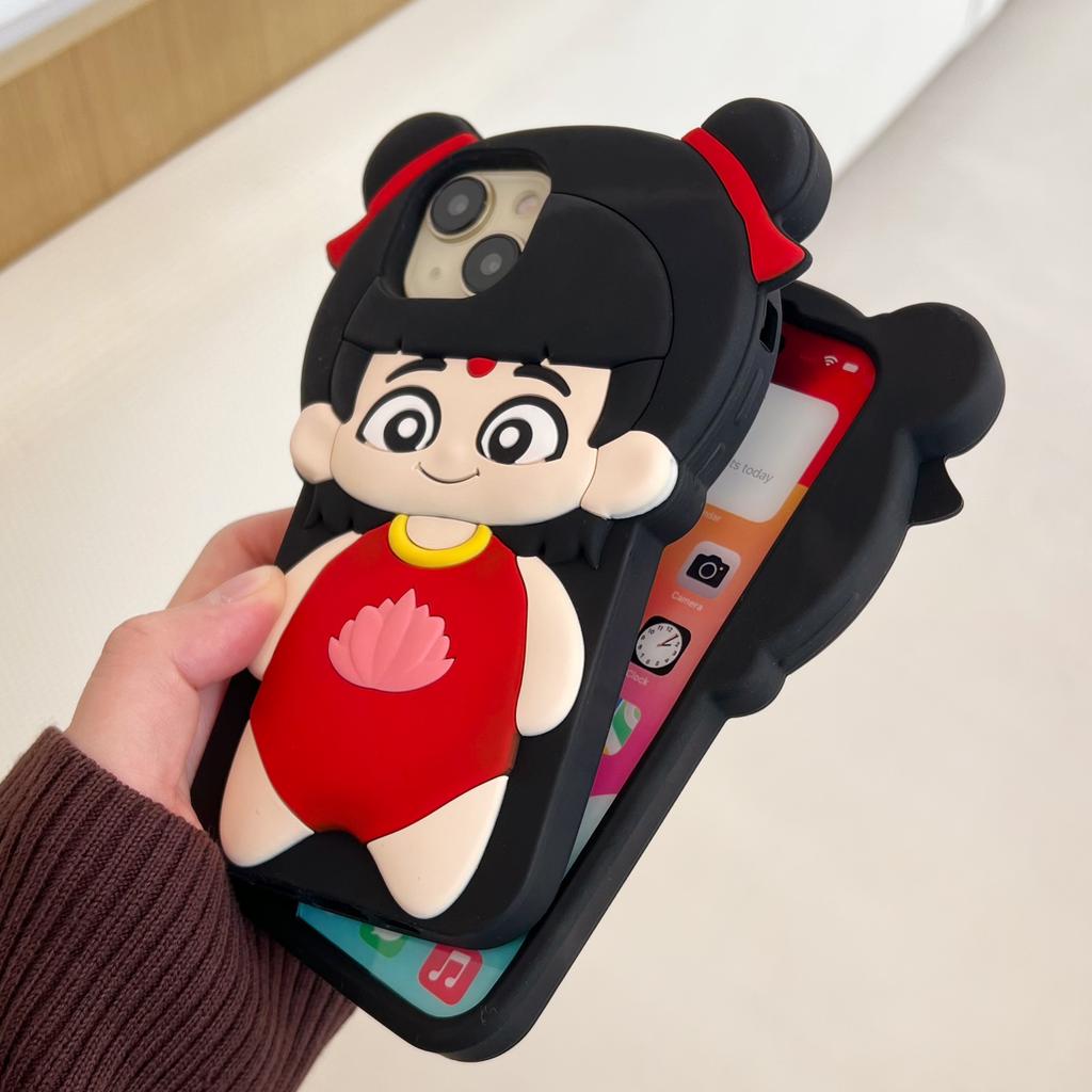 For iPhone 15 Silicone Case Cute Nezha Baby Design Shockproof Phone Back Cover