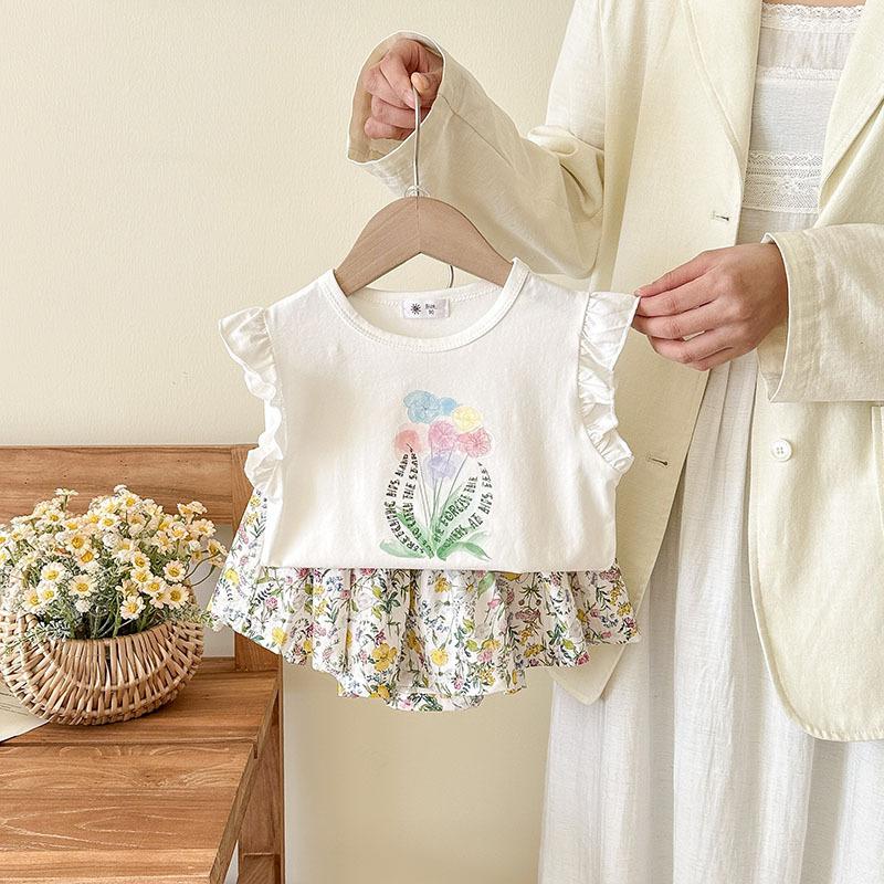Cute Girls Summer Outfit Printed T Shirt And Shorts Set Stylish Casual Two Piece Clothing For Kids 90cm