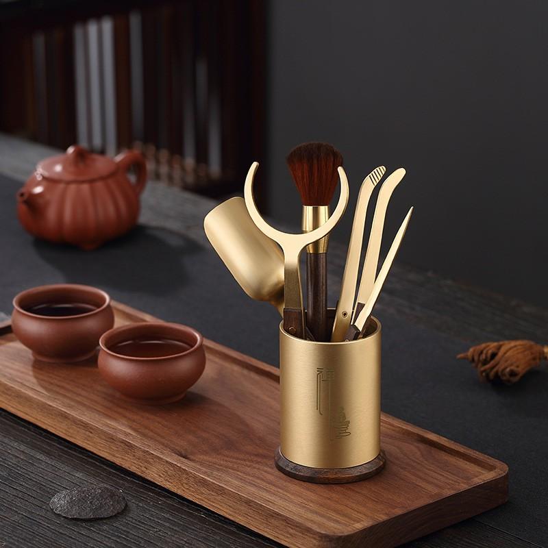 Brass Wood Tea Tool Set Gongfu Ceremony Tongs Scoop Knife Fork Brush
