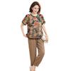 Plus Size Grandma's Summer Color Block Set: Full Print Shirt & Two-Piece Ensemble for Middle-Aged and Elderly