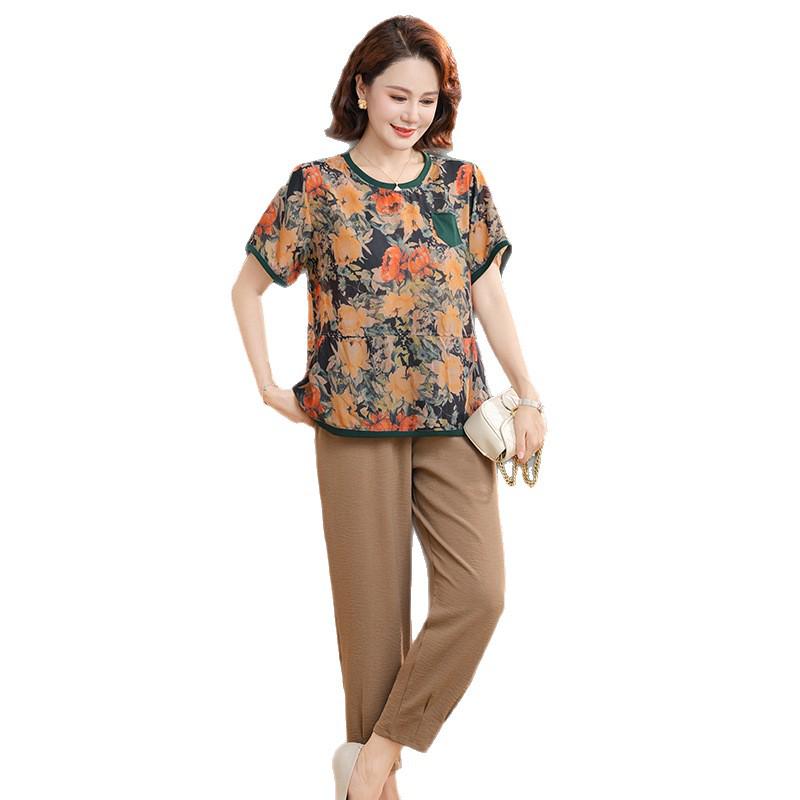 Plus Size Grandma's Summer Color Block Set: Full Print Shirt & Two-Piece Ensemble for Middle-Aged and Elderly