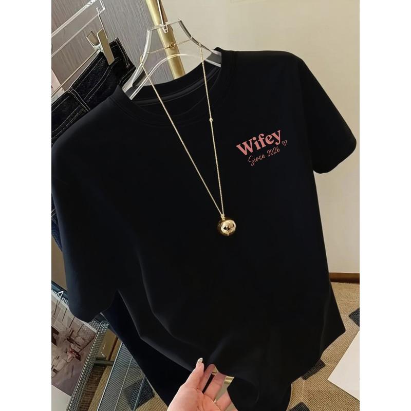 Wifey, Since 2026 Print Tshirt Short Sleeve Crew Neck Casual Top for Summer Spring, Women's Clothing