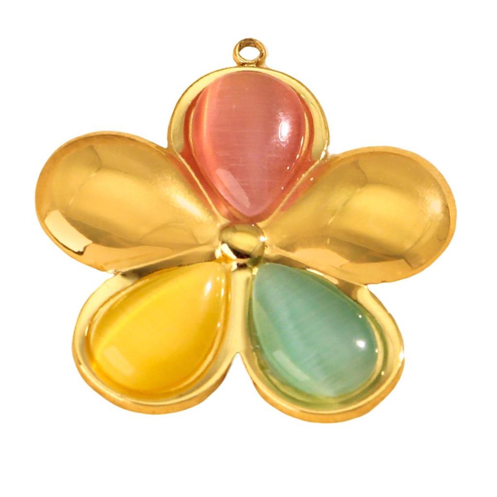 18K Gold Plated Cat's Eye Pendant: Colorful Flower DIY Stainless Steel Jewelry Charm