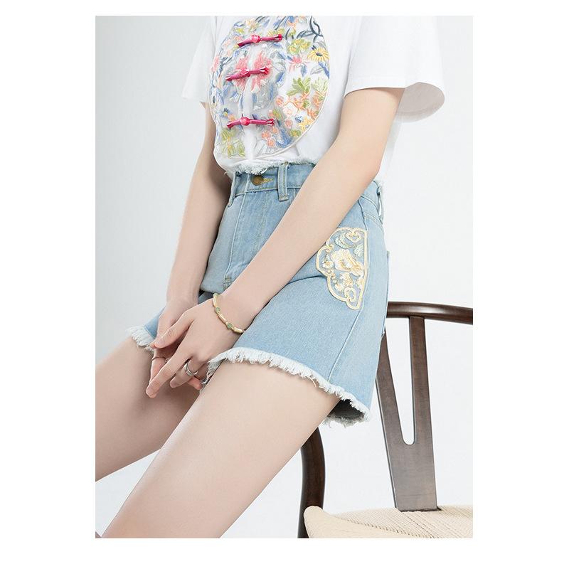 Summer New Denim Shorts New Chinese Style National Style High Waist Women's Personalized Embroidered National Trend A-line Hot Pants