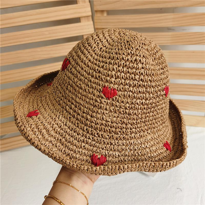 

RH Women s Vacation Leisure Red Love Crochet Handmade Straw Hat Breathable Panama Paper Grass Summer Bucket Sun Hat 56-58(adult size) хакі