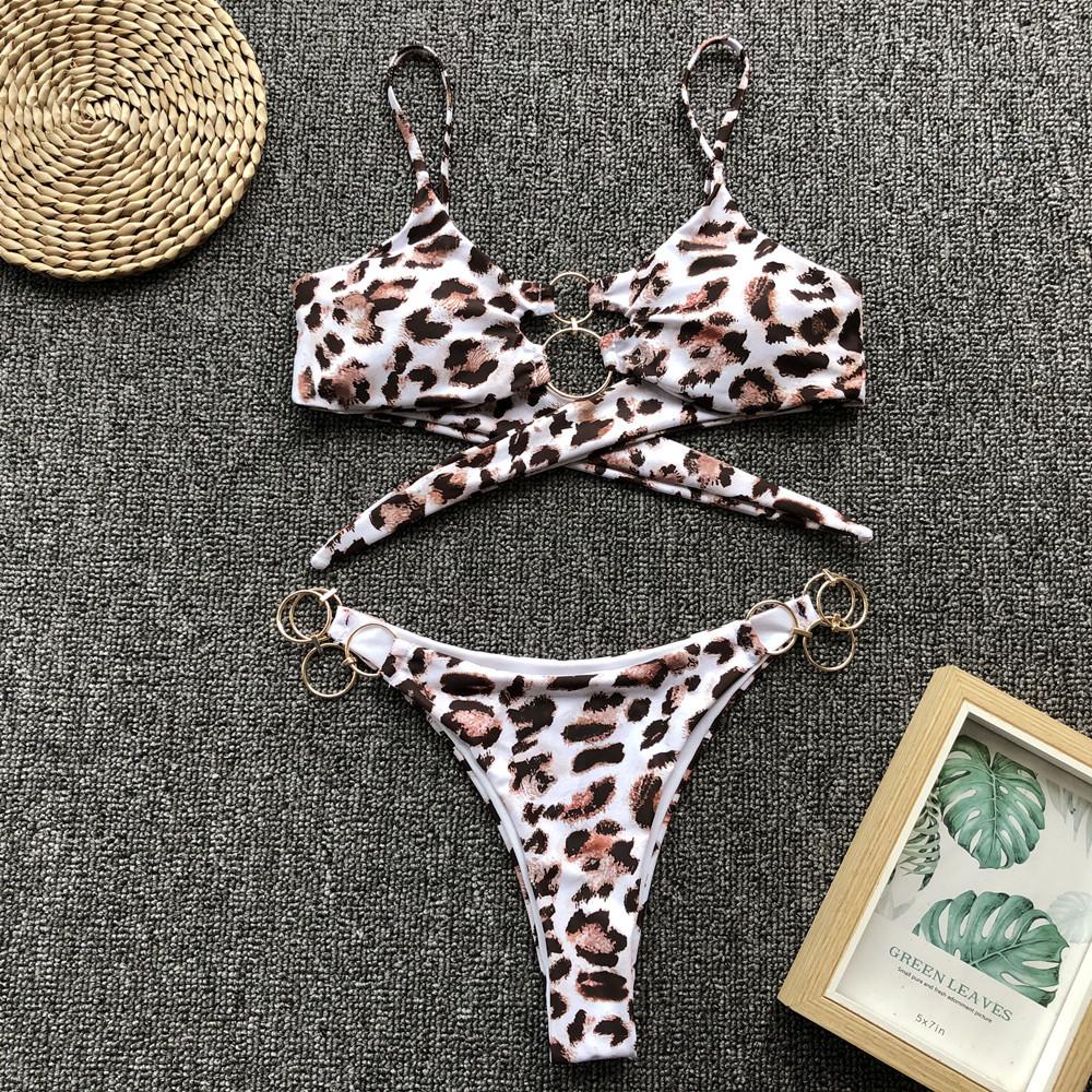 

Women’s Sexy Summer Backless Tankini Bathing Suit Two Piece Bikini Swimsuit, Simple Swimwear Set with Ring Accent L леопард друку кольору