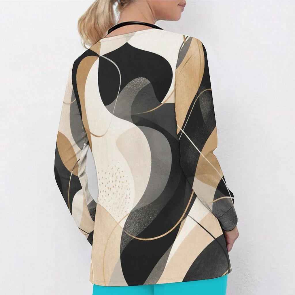 Women Plus Size Abstract Printed Nurse Scrub Top V Neck Long Sleeve With Front Pockets