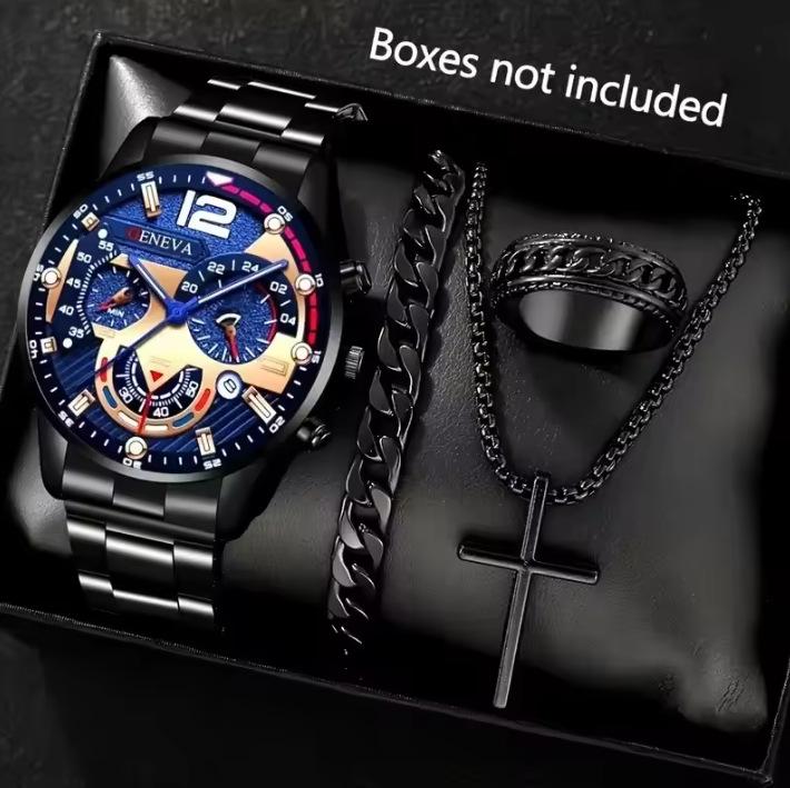 Men'S Business Watch Fake Three-Eye Calendar Roman Scale Quartz Watch Cross Necklace Bracelet Ring Set