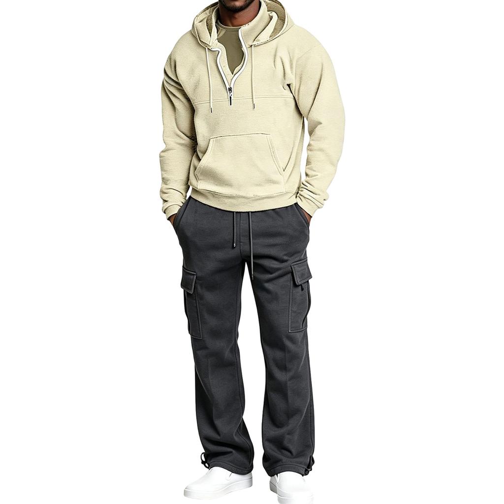 Completo da Uomo con Felpa con Cappuccio e Zip a Metà e Pantaloni Cargo, Outfit Casual in 2 Pezzi per l'Uso Quotidiano