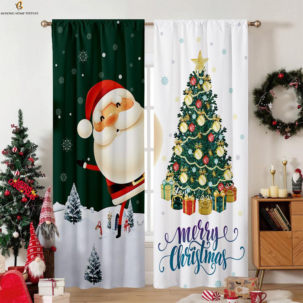 Weihnachtsmann Glocke Cartoon Gedruckte Vorhänge Polyesterfaser Kinderzimmer Restaurant Party Fensterdekoration Vorhänge 2 Stück