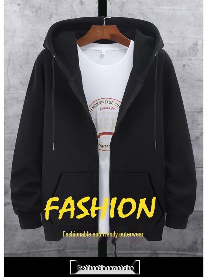 Pánský kardigan na zip s kapucí a fleecovou podšívkou v korejském stylu - Trendy volný střih plus size pro podzim a zimu