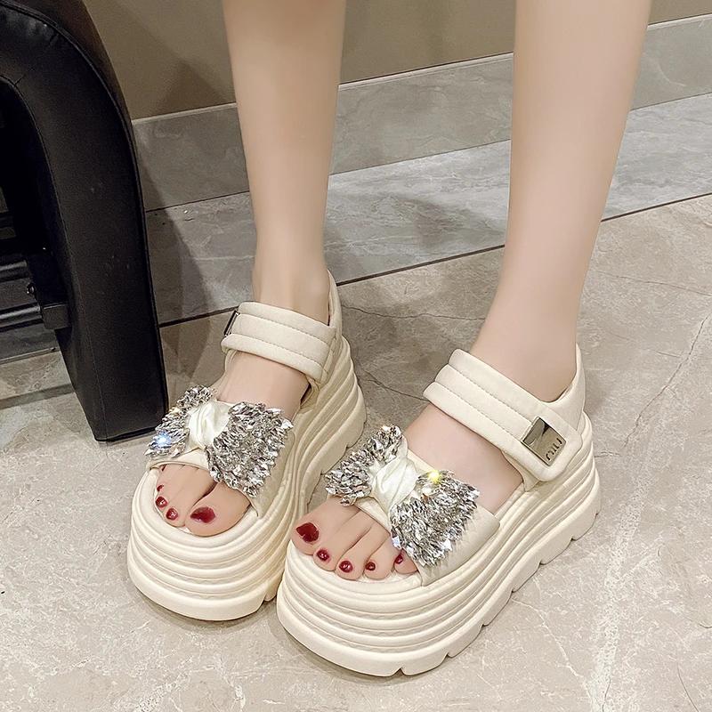 Fashion 8CM Women Summer High Platform Sandals Glitter Slides 2025 Crystal Butterfly-knot Shoes Woman Pantofle Soft Beach Slides Zapatos