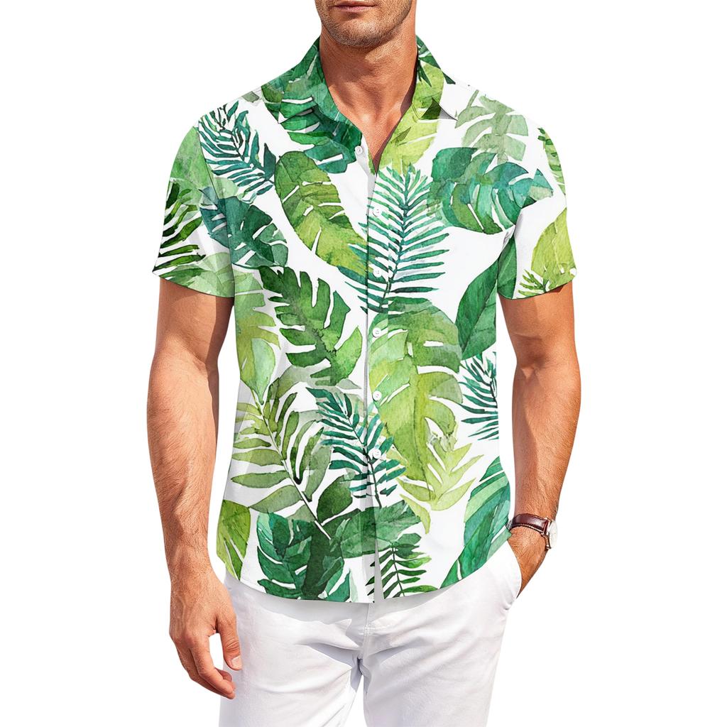 Men's Casual Loose Fit Hawaiian Print Short Sleeve Shirt Lightweight Breathable Summer Beachwear Button Down Shirt