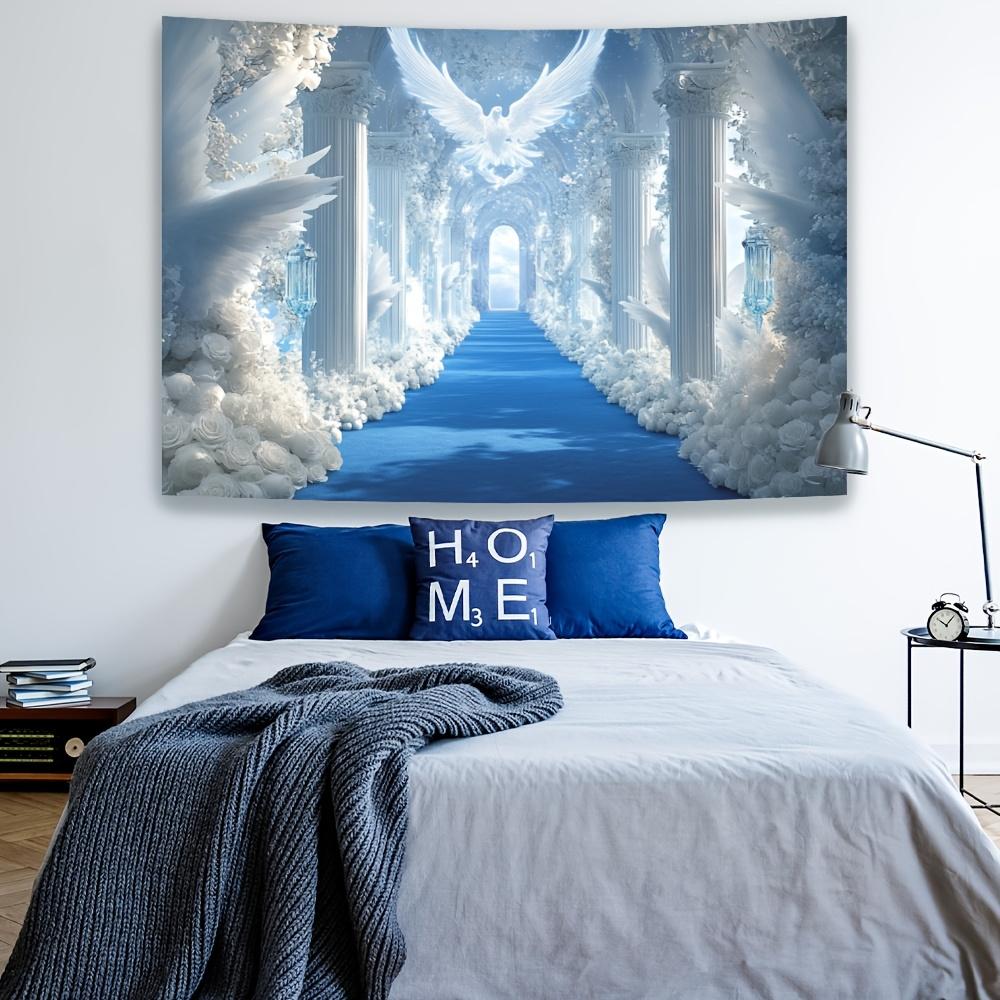 Elegant Blue Carpet Adorned with White Roses and Angelic Figures Tapestry - Polyester, Luxurious Style for Living Room & Party 100X70CM
