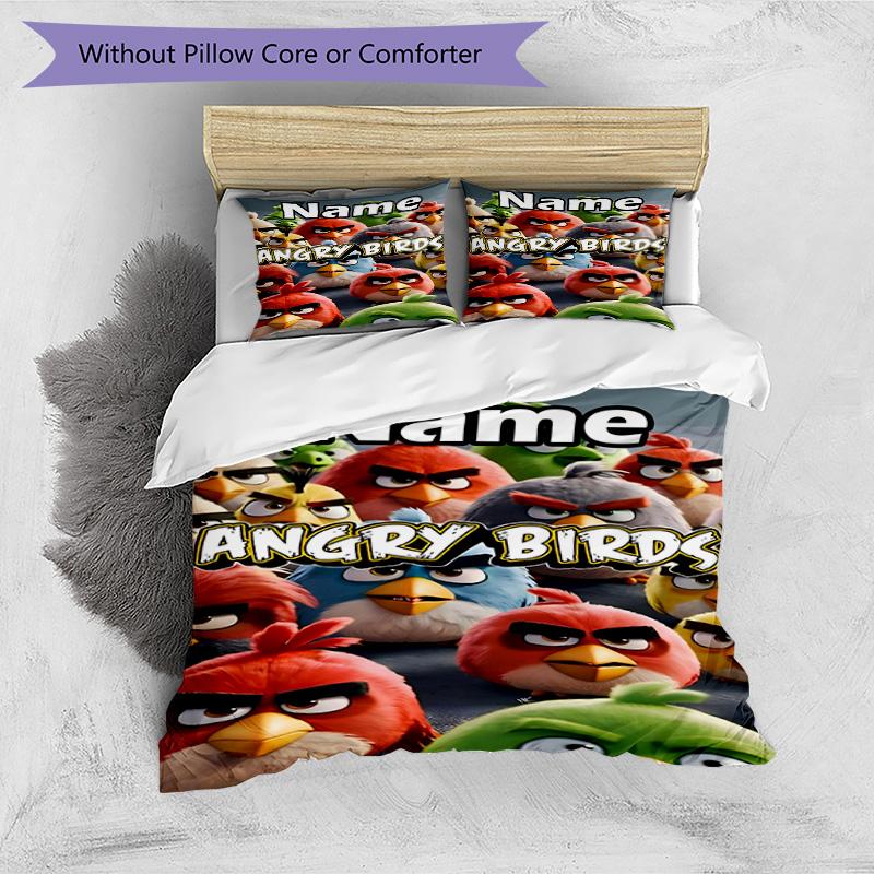 3pcs Duvet Cover Set (1*Duvet Cover + 2*Pillowcase, Without Core), Custom Name Angry Birds Pattern Bedding Set, Home Bedroom Decor Gift