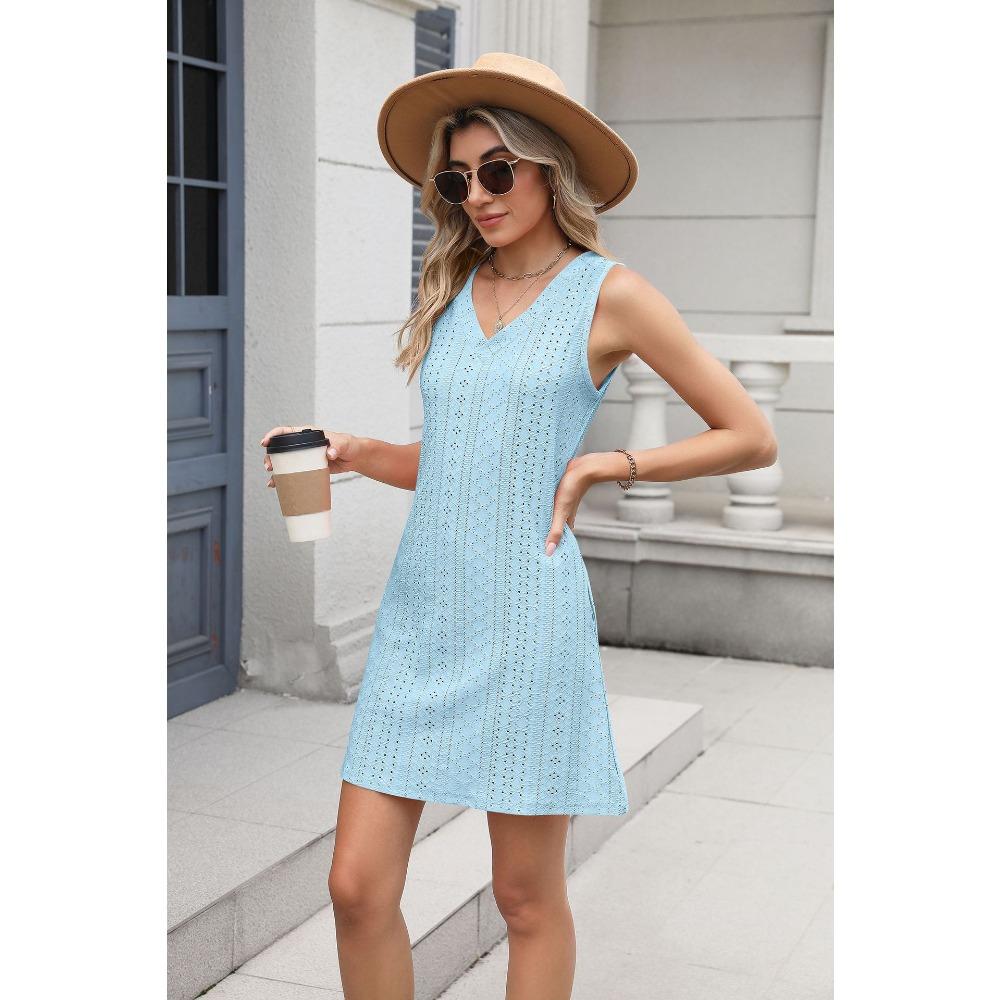 New Women's Pocket Casual Summer Solid Color V-neck Dress