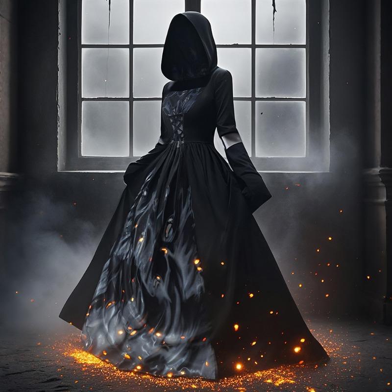 Hooded Black Witch Dress Halloween Cosplay Stage Performance Costume For Women