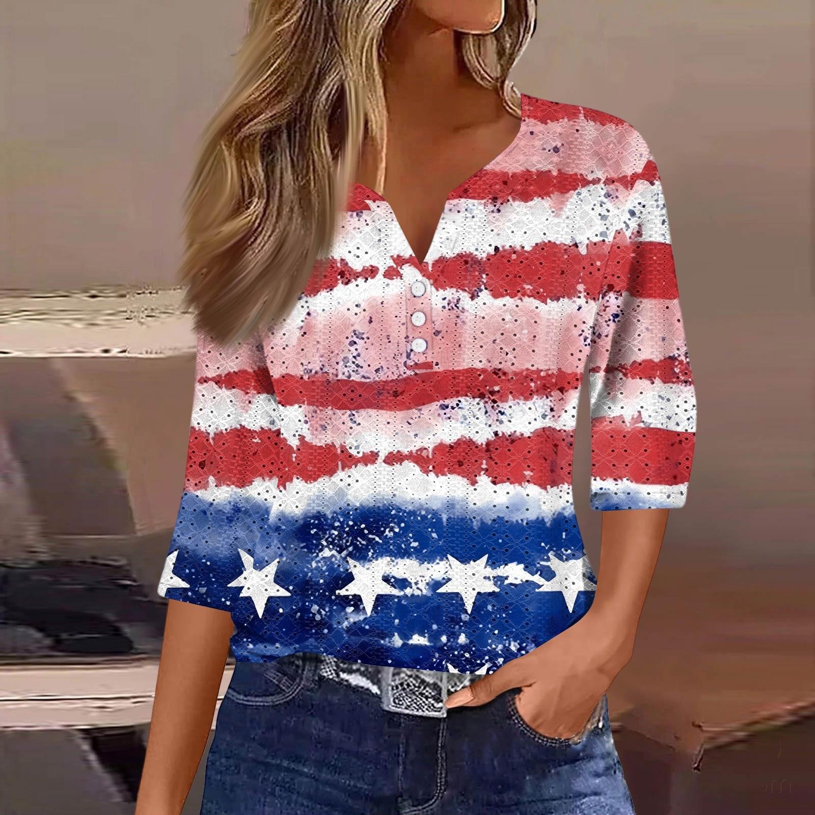 

Женская модная футболка с V-образным вырезом и пуговицами, семь рукавов, повседневный топ с принтом «День независимости» XL арбуз красный