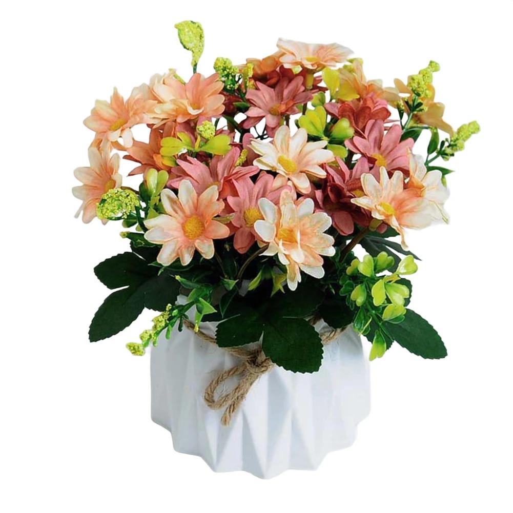 Silk Artificial Flowers In Decorative Pot For Home Décor, Customizable Faux Floral Display 17cm Overall Height, White Orang Red
