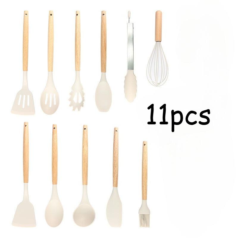 11pcs Silicone Kitchen Utensil Set with Wooden Handles Cooking & Baking Tools Including Non-Stick Spatula, Ladle, Whisk