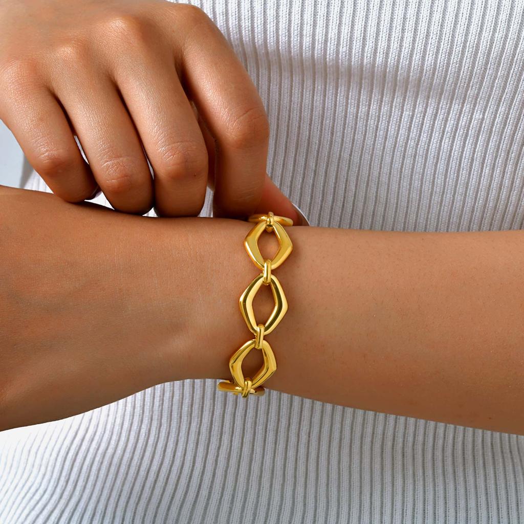 Stainless Steel Rhombus Chunky Chain Bracelet Gold Plated Thick Bracelet Luxury Geometric Jewelry for Women Girlfriend Gift