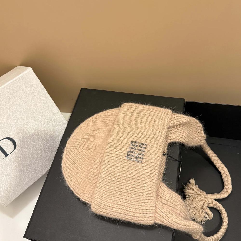 Winter Hot Diamond Rabbit Wool Knitted Warm Ear Protection Hat Outdoor Light Luxury Wool Hat Fashionable Letter Cold Hat