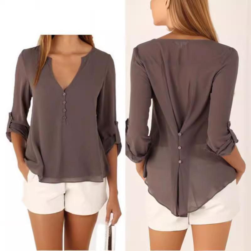 Elegant Women's Long Sleeve V Neck Loose Chiffon Blouse In 11 Stylish Colors And Sizes
