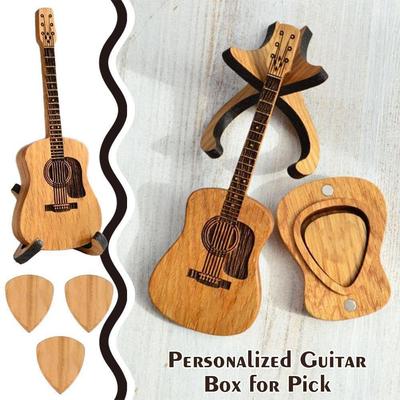 1Pc Wooden Guitar Shape Guitar Pick Holder with Stand Guitar Pick Box, Gift for Friends