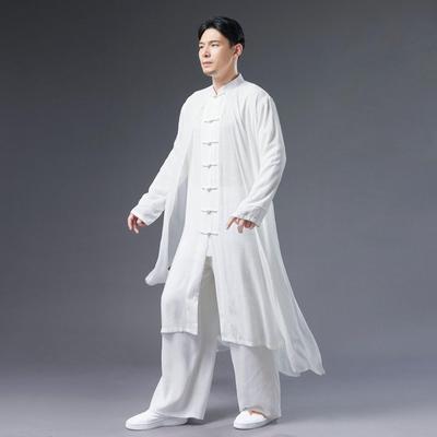 Herren Weißer Baumwoll-Leinen Froschknopf Strickjacke mit Sieben-Knopf Zweiteiler Design im Chinesischen Stil