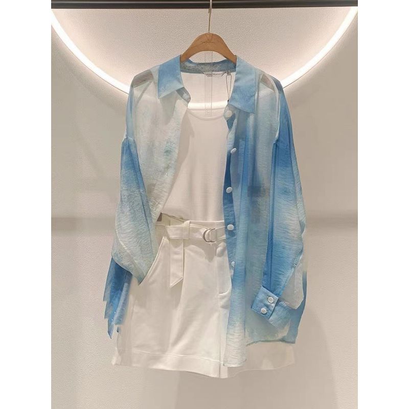 

Рубашка-пальто с асимметричным подолом, с принтом тай-дай, в модном нишевом стиле, тонкая, стройнящая, голубая, для защиты от солнца Blue Shirt Tops(In stock) S(40.00 kg-50.00 kg)